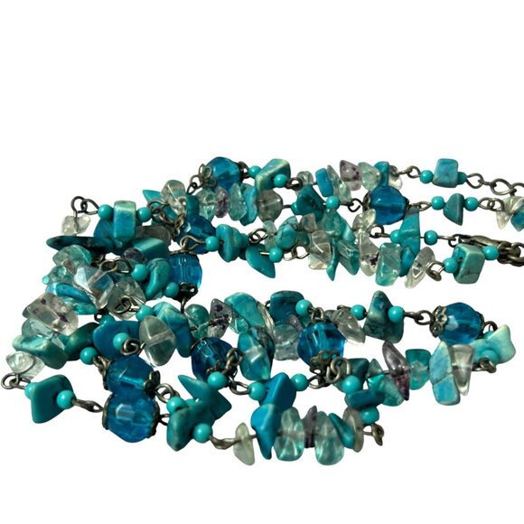 Faux Turquoise Blue Gemstone Chip Bead Necklace Double Strand Boho Layered - Picture 5 of 6